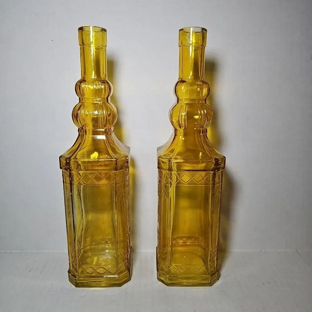 Set Of 2 Vintage Amber Embossed  Decanters Bottles 11.5